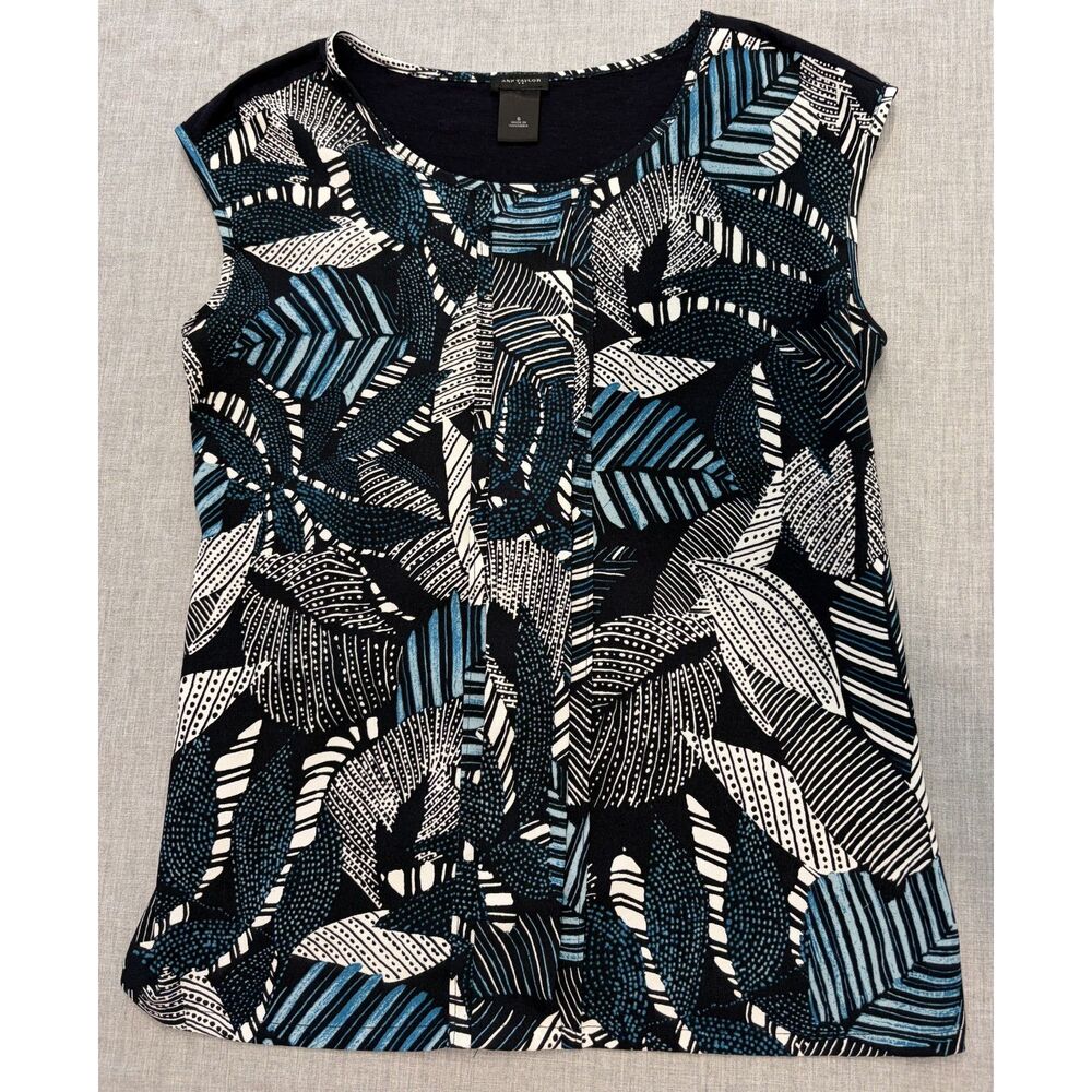Ann Taylor Sleeveless Blouse Botanical Leaves Black White Teal Size S